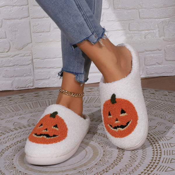 Halloween Pumpkin Couple Cotton Slippers Home 2023 Winter Indoor Cartoon Platform Slides Girls Plush Casual Designer Shoes Women